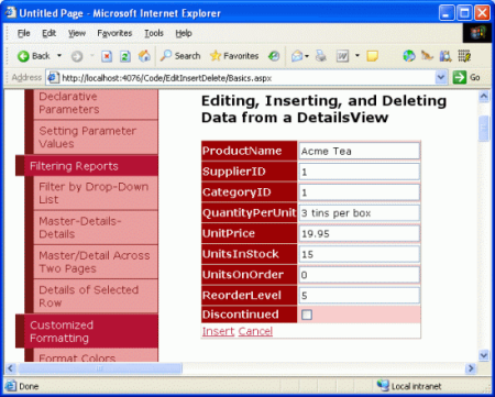 Capture d’écran montrant DetailsView de la page Basics.aspx dans un navigateur web.