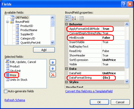 Configurer unitPrice BoundField pour qu’il s’affiche en tant que devise