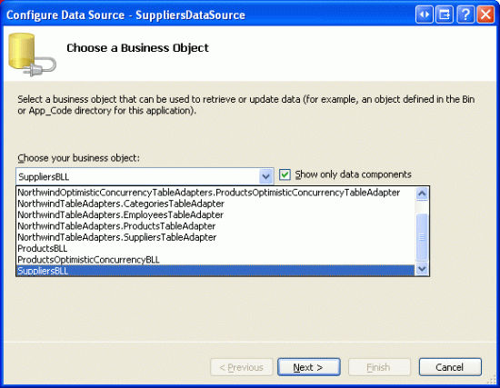 Capture d’écran de la fenêtre Configurer la source de données - FournisseursDataSource avec l’objet métier SuppliersBLL sélectionné et le bouton Suivant mis en évidence.