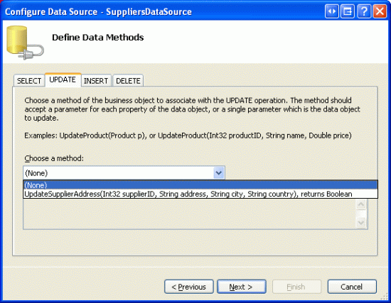 Capture d’écran de la fenêtre Configurer la source de données - SuppliersDataSource avec l’onglet UPDATE ouvert. L’option de méthode (Aucun) est sélectionnée et le bouton Suivant est mis en surbrillance.