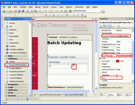 ProductName TemplateField inclut désormais une Zone de texte et un RequiredFieldValidator