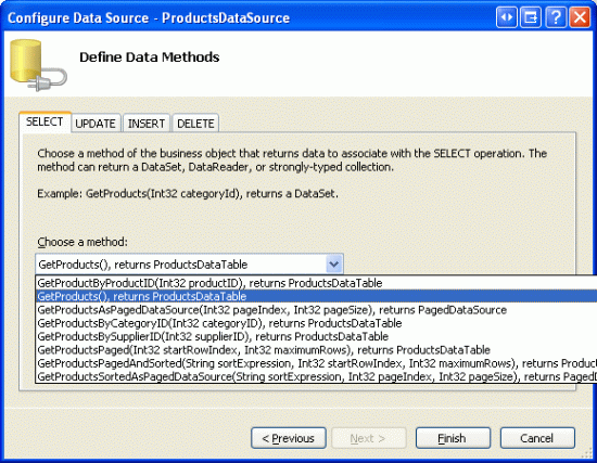 Figure 5 : Configurer ObjectDataSource pour utiliser la méthode GetProducts de la classe ProductsBLL