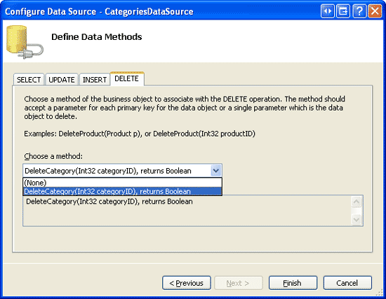 Configurer ObjectDataSource pour utiliser la méthode DeleteCategory