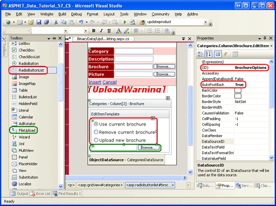 Ajouter un contrôle RadioButtonList et FileUpload à l’objet EditItemTemplate