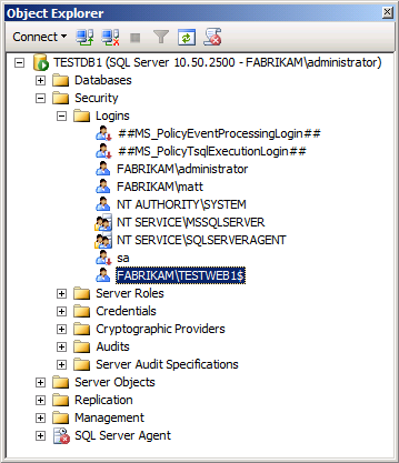 Dans le volet Explorateur d’objets, développez le nœud Sécurité, développez le nœud Connexions, puis double-cliquez sur la connexion du compte d’ordinateur (par exemple, FABRIKAM\TESTWEB1$).