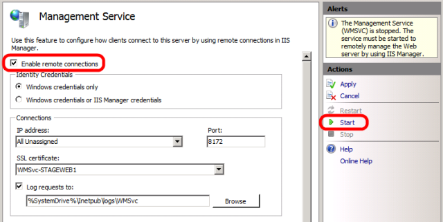 Dans le volet Actions, cliquez sur Démarrer pour démarrer le service de gestion web.