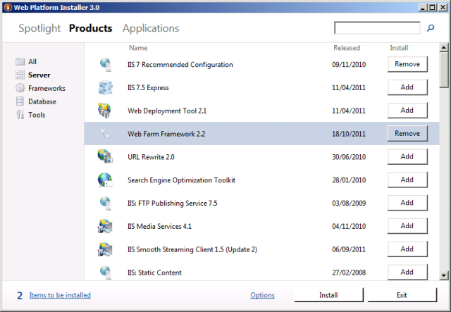 Dans la ligne Web Farm Framework 2, cliquez sur Ajouter.