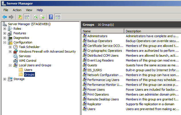 Dans la fenêtre Gestionnaire de serveur, dans le volet arborescence, développez Configuration, développez Utilisateurs et groupes locaux, puis cliquez sur Groupes.