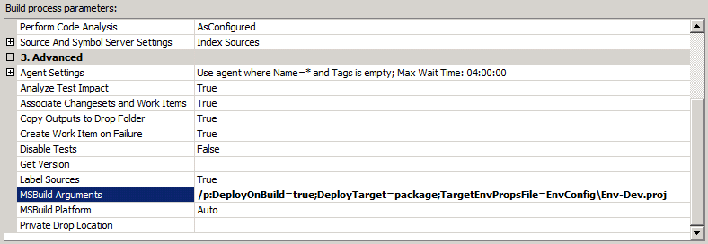 Dans la ligne Arguments MSBuild, ajoutez tous les arguments de ligne de commande MSBuild requis par l’un de vos éléments à générer.