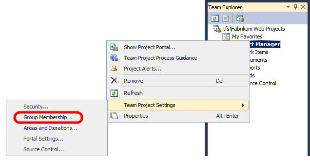 Dans Visual Studio 2010, dans la fenêtre Explorer d’équipe, cliquez avec le bouton droit sur le projet d’équipe, pointez sur Paramètres du projet d’équipe, puis cliquez sur Appartenance au groupe.