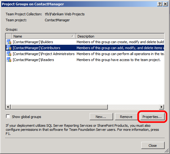 Dans la boîte de dialogue Groupes de projets, sélectionnez le groupe Contributeurs, puis cliquez sur Propriétés.