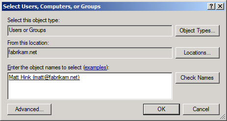 Dans la boîte de dialogue Sélectionner des utilisateurs, des ordinateurs ou des groupes, tapez le nom d’utilisateur de l’utilisateur que vous souhaitez ajouter au projet d’équipe, cliquez sur Vérifier les noms, puis cliquez sur OK.