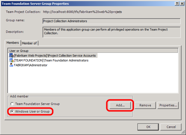 Capture d’écran de la boîte de dialogue Propriétés du groupe Team Foundation Server pour sélectionner et ajouter un utilisateur ou un groupe Windows.