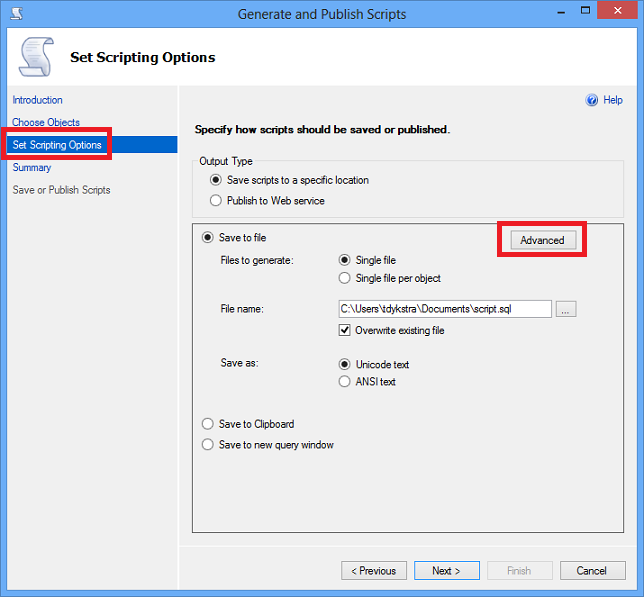 Options de script SSMS