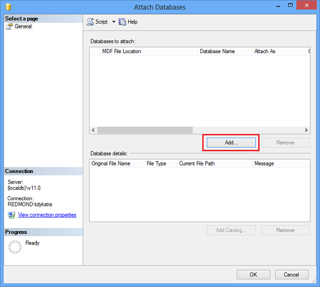 SSMS Ajouter un fichier .mdf à joindre