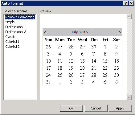 Boîte de dialogue Mise en forme automatique (contrôle Calendrier)