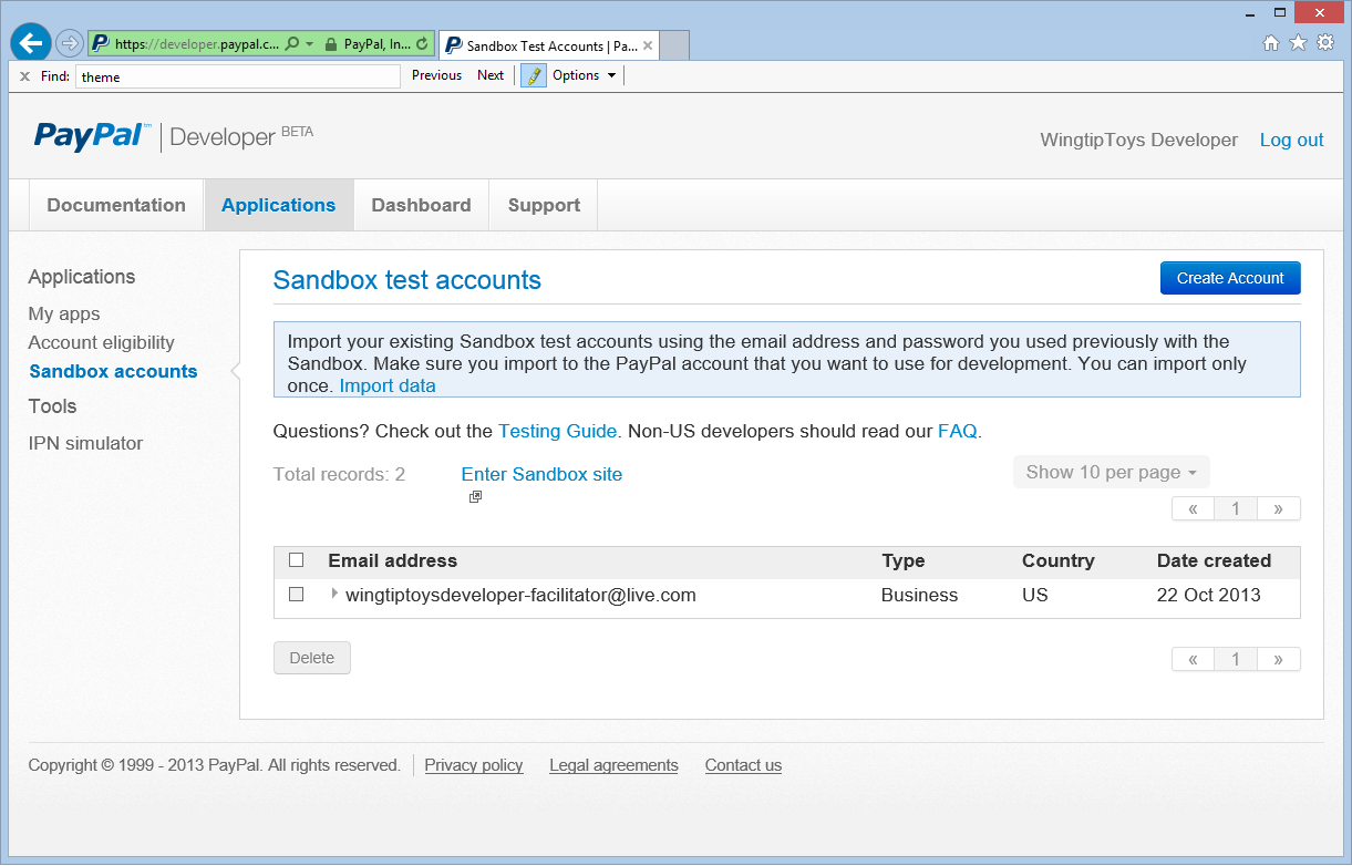 Capture d’écran montrant la page Comptes de test de bac à sable avec l’onglet Applications mis en évidence.