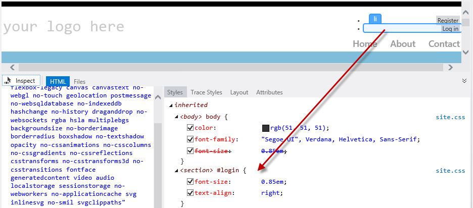 Capture d’écran montrant la fenêtre Inspecteur de page en mode inspection et en sélectionnant les liens Inscrire et Se connecter pour accéder au code Styles.css.