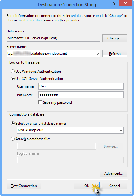 Configuration des chaîne de connexion de destination