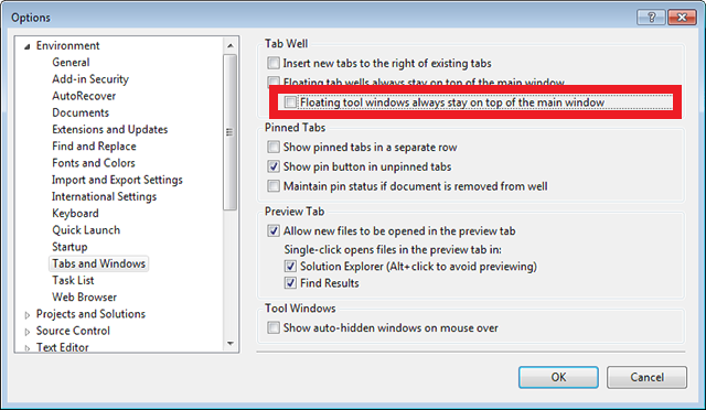 Décochez la case fenêtres d’outils flottantes sur ALT+TAB entre Visual Studio et la fenêtre de Inspecteur de page non chaussée