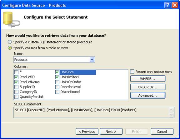 Capture d’écran de l’écran configurer les produits de source de données.