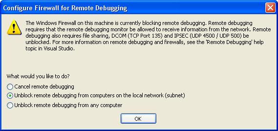 Notification indiquant que le Pare-feu Windows bloque le débogage à distance