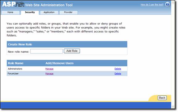 Capture d’écran montrant un outil d’administration de site web A S P dot N E T avec le bouton Ajouter un rôle.