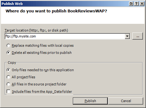 Capture d’écran de la boîte de dialogue Publier le web, qui montre les cases Supprimer tous les fichiers existants avant la publication et Uniquement les fichiers nécessaires pour exécuter les cases.