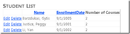 Capture d’écran de la fenêtre Internet Explorer, qui montre l’affichage Liste des étudiants avec une table d’étudiants.