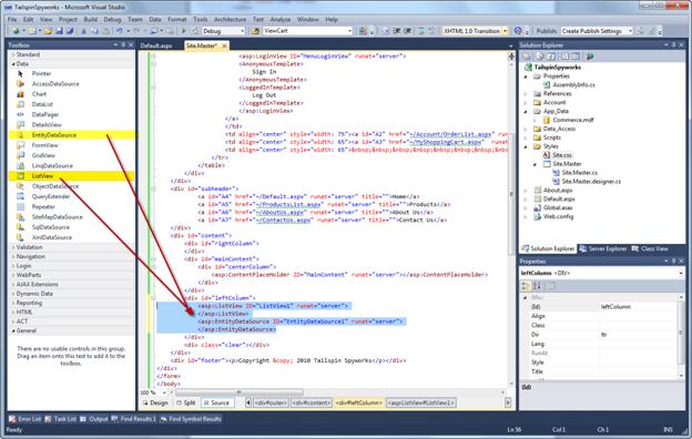 Capture d’écran montrant le contrôle Entity Data Source et le contrôle ListView.