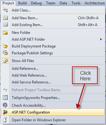 Capture d’écran montrant où sélectionner A S P dot NET Configuration.