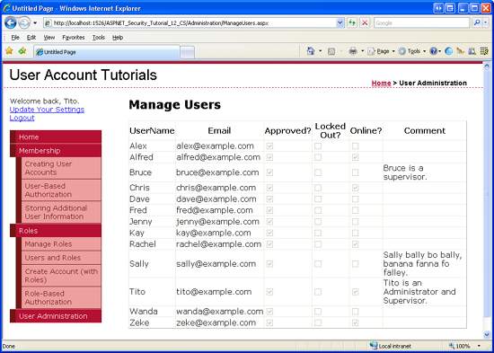 Les comptes d’utilisateur sont répertoriés dans gridView