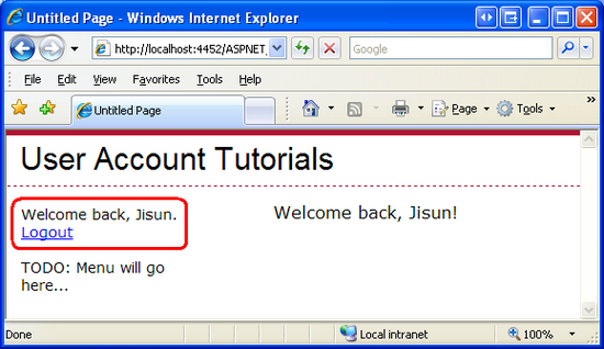 Default.aspx affiche Welcome Back, Jisun avec un logout LinkButton