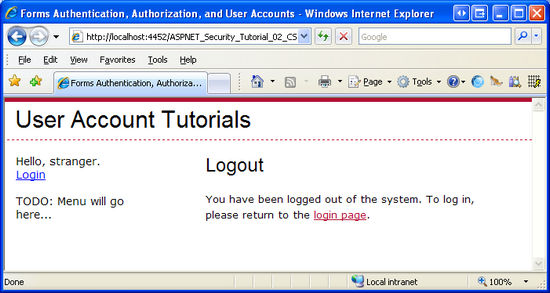 Logout.aspx affiche welcome, stranger with a Login LinkButton