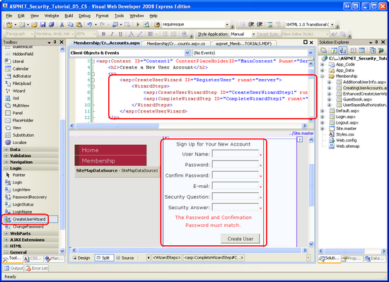 Le contrôle CreateUserWizard restitue une interface utilisateur de création générique