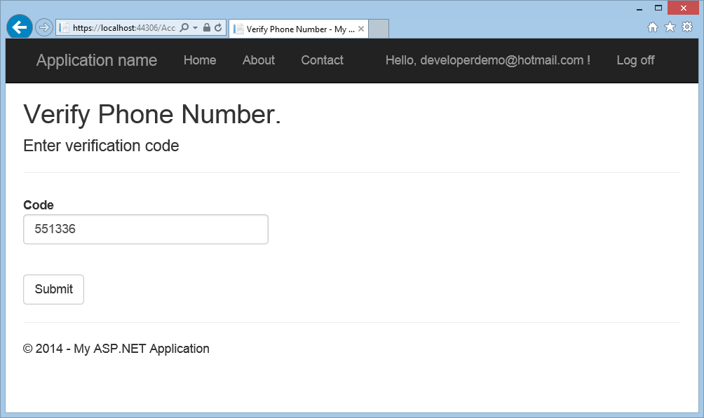 Capture d’écran de la fenêtre du navigateur Vérifier le numéro de téléphone montrant le champ Code avec le code de vérification entré et le bouton Envoyer.