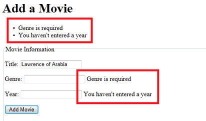 Page Ajouter un film affichant les messages d’erreur de validation