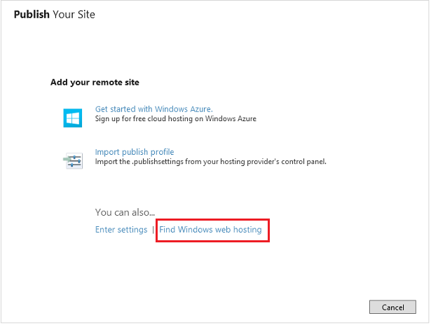 Capture d’écran de la boîte de dialogue Publier votre site montrant le lien Rechercher l’hébergement web Windows mis en surbrillance avec un rectangle rouge.