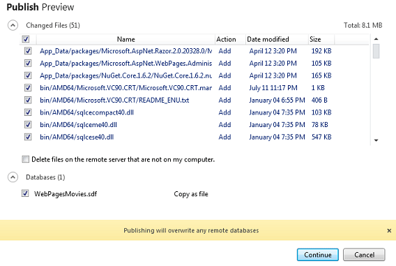 Capture d’écran de la fenêtre Publier l’aperçu montrant une liste des fichiers de site prêts à être publiés sur le site web et un aperçu du site web.