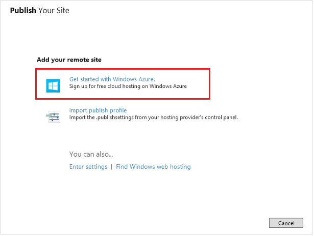 Capture d’écran de la boîte de dialogue Publier votre site montrant l’option Prise en main de Windows Azure mise en surbrillance avec un rectangle rouge.