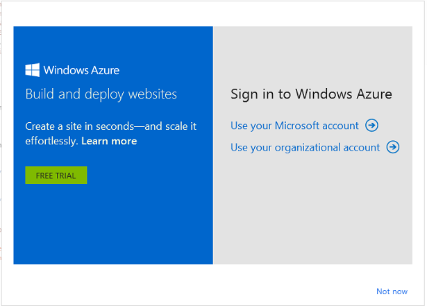 Capture d’écran de la boîte de dialogue de connexion Microsoft Windows Azure montrant le compte Microsoft et organization connexion au compte.