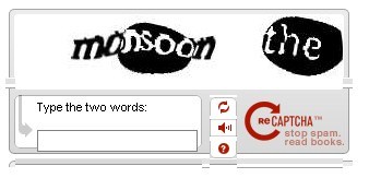 Capture d’écran du test Captcha généré par le service ReCaptcha, montrant deux mots déformés et un champ de texte pour la vérification utilisateur.