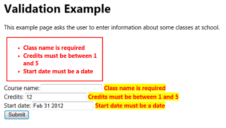 Capture d’écran montrant les erreurs de validation qui utilisent des classes de style CSS.