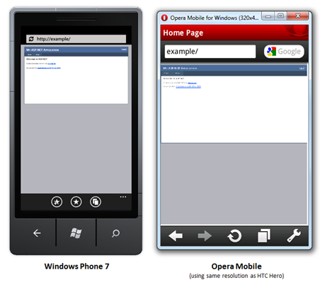 Capture d’écran de deux applications Web Forms affichées sur Windows Phone 7 et Opera Mobile.