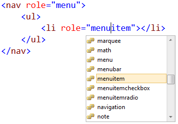 Capture d’écran montrant l’élément de menu mis en surbrillance dans une liste en tant qu’attribut rôle.