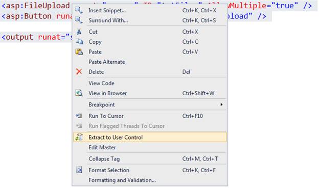 Capture d’écran montrant Extract to User Control sélectionné dans le menu contextuel.