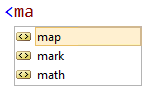 Capture d’écran montrant la carte de mots sélectionnée dans une liste IntelliSense.