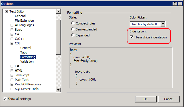 Capture d’écran montrant la boîte de dialogue Options. La mise en retrait hiérarchique est cochée.