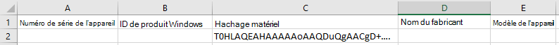 Capture d’écran d’un fichier CSV dans Excel avec une valeur de hachage dans la colonne Hachage matériel.