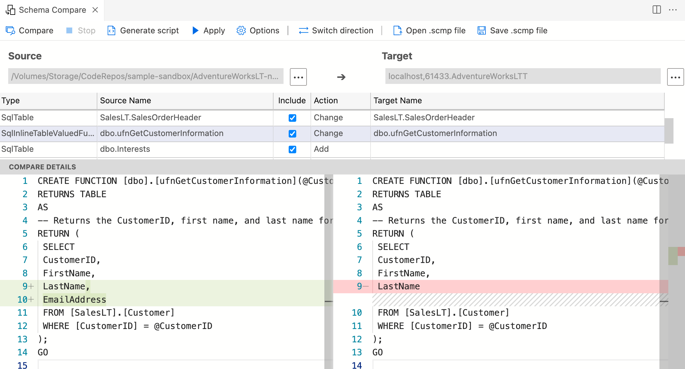 Capture d’écran de la boîte de dialogue de comparaison de schémas comparant un projet SQL à une base de données.